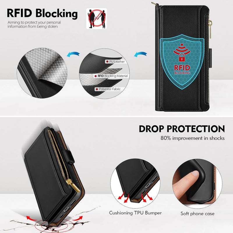 Antsturdy Compatible with iPhone 16 Pro Max Wallet Case,RFID Blocking PU Leather Phone Case Women Men Kickstand flip Cover Wrist Strap Zipper Credit Card Holder Slots for Apple 16 ProMax,Black - Image 5
